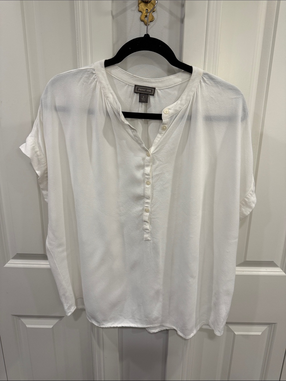 Point Sur White Short Sleeve Button Henley Blouse
